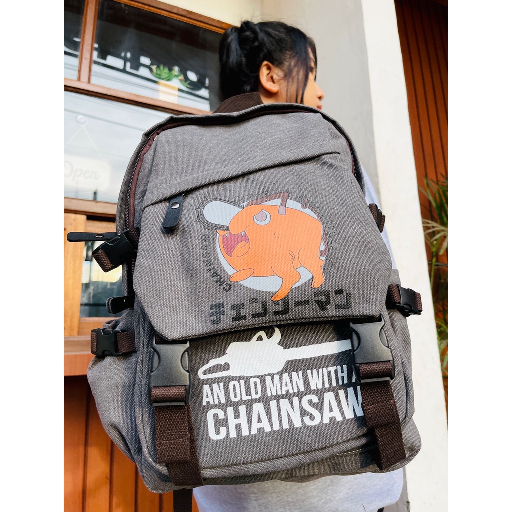 Bagpack Pochita Kanji Canvas Grey Anime Manga Chainsaw Man Premium Unisex