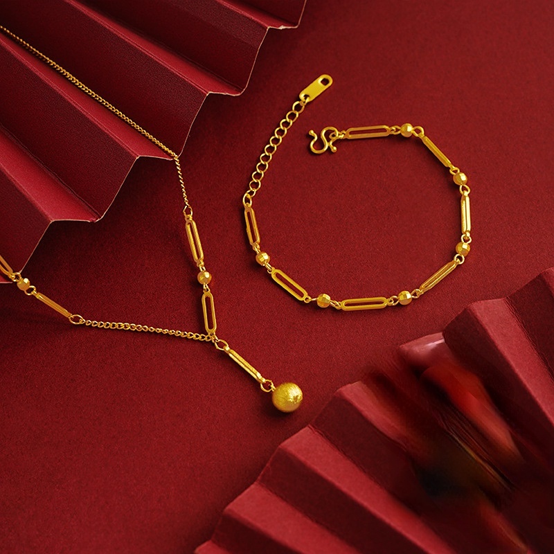 Goldkingdom Fashion Perhiasan Emas Asli Kadar 375 Bangkok Aksesoris Ready Stock Baru Emas Kalung Pria Dan Wanita Dengan Bola Dan Bing Liontin Geometris Gelang Gaya Retro