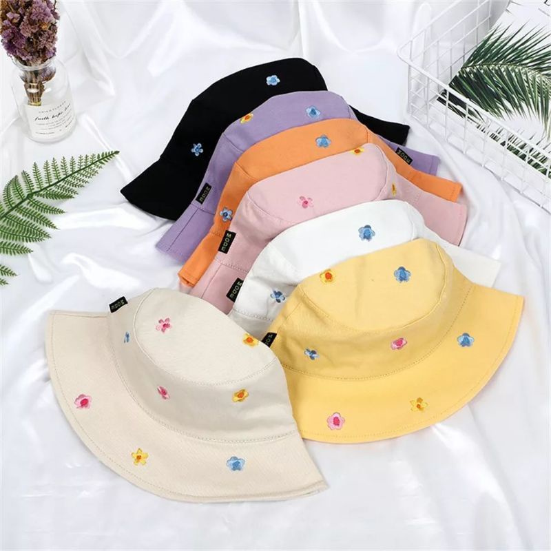 Topi Bucket Hat Pria Wanita Bordir Motif Bunga Bahan Katun