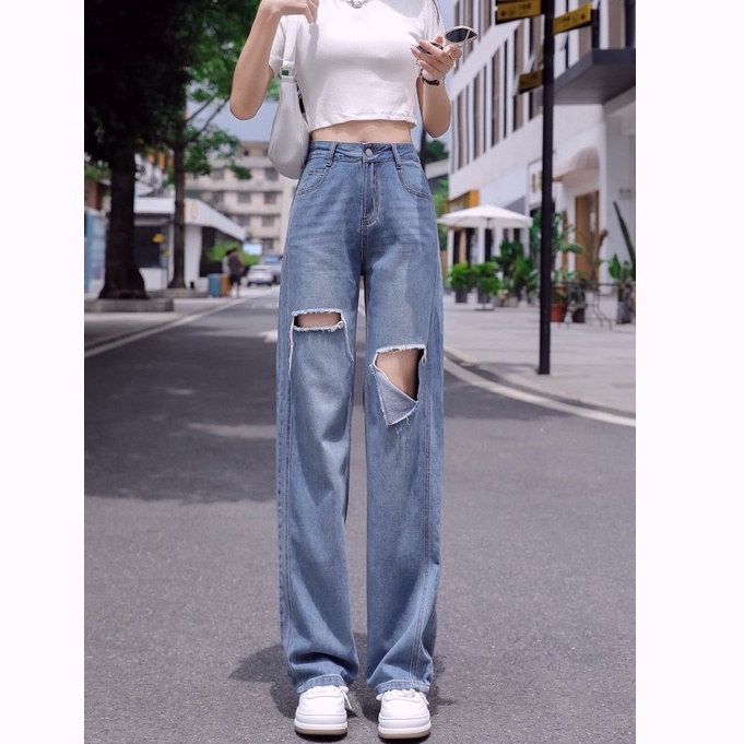 celana jeans kulot sobek boyfriend jeans celana jeans high waist wanita celana panjang kekinian dewasa ripped denim ootd tebaru