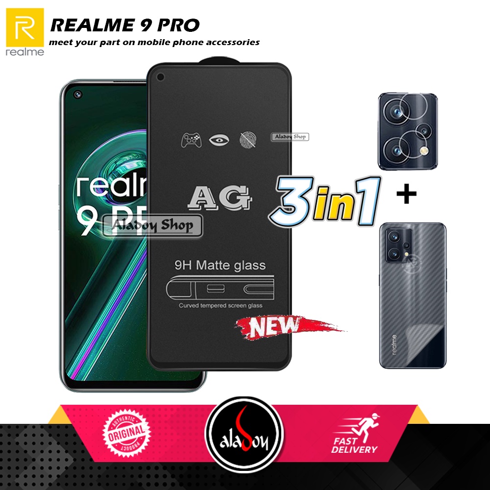 Paket 3IN1 Tempered Glass Layar Matte Anti Glare Realme 9 Pro Free Tempered Glass Camera dan Skin Carbon