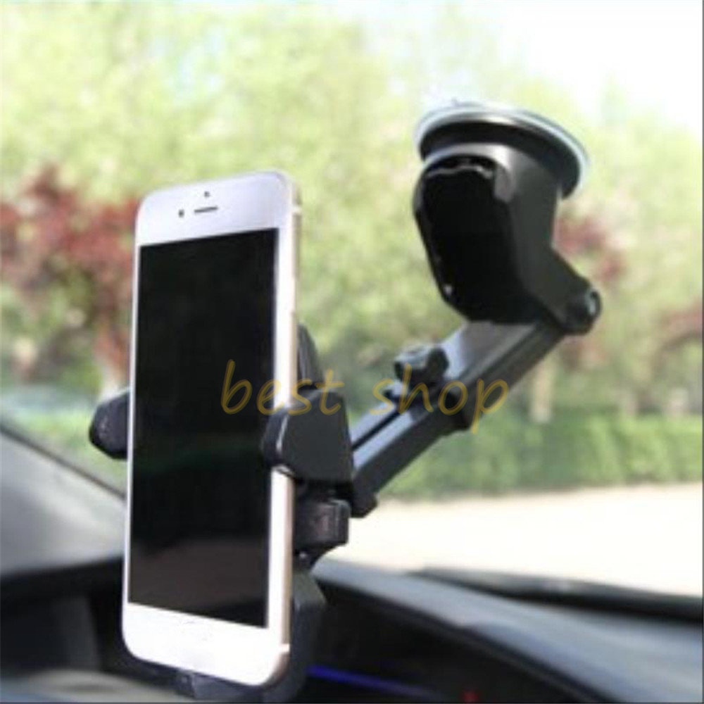 360putar Plastik Silicon Sucker Car Phone Holder Universal Leher Panjang Hitam Dashboard Mobil Berdiri Adjustable Windshield Mobile Mount