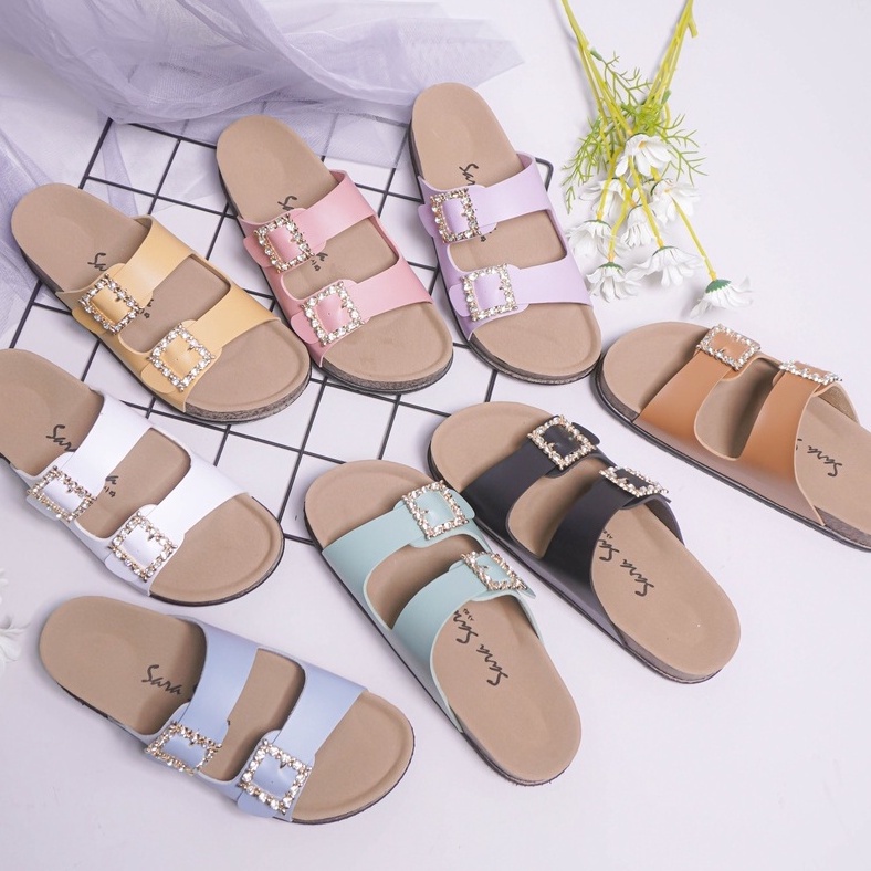 SARASARA YUK - KIMMY Sandal Wanita Slop Casual Size 36 - 41 Model Birken Sol Puyuh Sara Sara Sendal Cewek Kulit Santai Rumahan Strap Gesper dua Kristal Blink Empuk 37 38 39 40 Warna Green Hijau Soft Selop Anti Slip Original Shoes ORI Mall Official Store