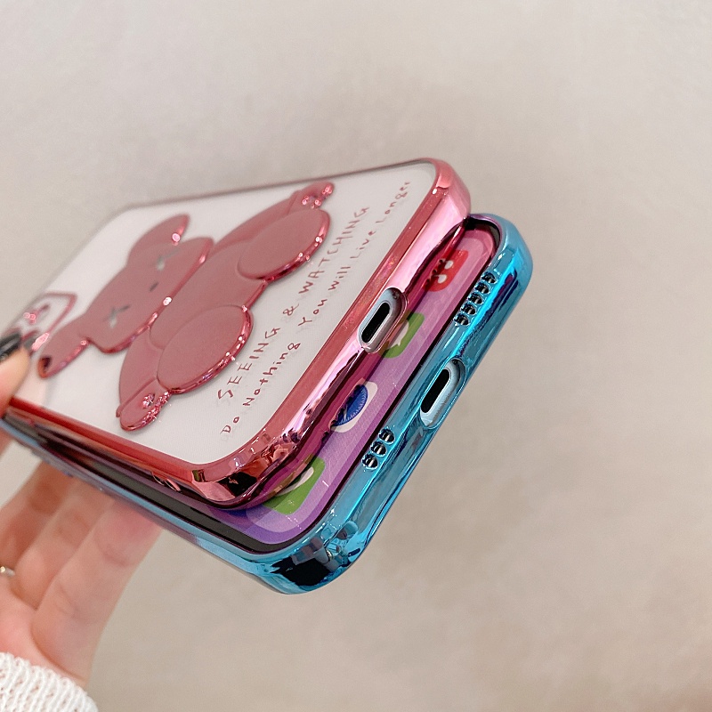 IPHONE Fashion Bear Plating Casing Ponsel Untuk Iphone13Mini12 11 Pro Max XS XR X8 7 6 6S Plus Se2020 Transparan Silikon Full Cover