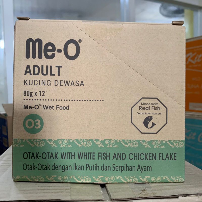 Meo Me O pouch adult OTAK-OTAK WHITEFISH AND CHICKEN FLAKE 80gr 1box - makanan kucing basah sachet