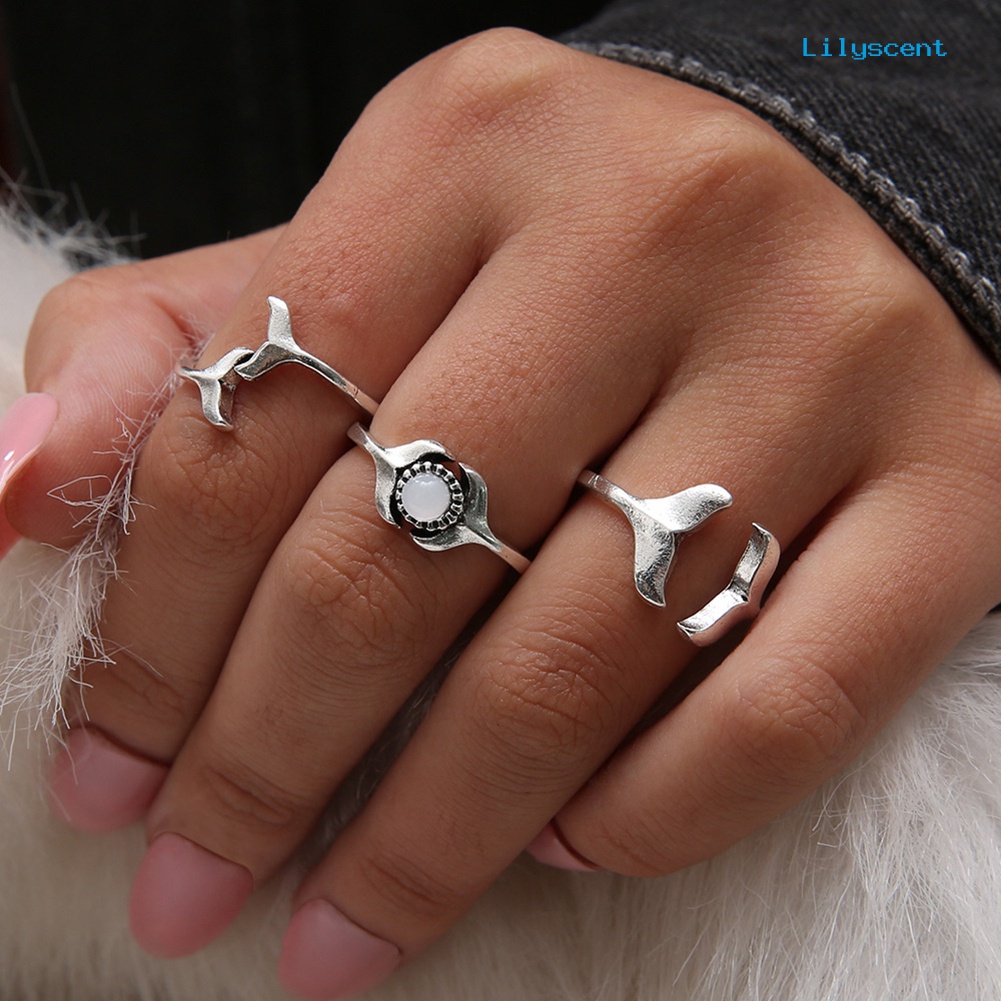 [LS] 3pcs/set Wanita Fashion Ikan Paus Ekor Imitasi Batu Permata Midi Knuckle Jari Cincin Perhiasan