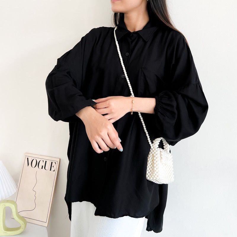 Kemeja Linen Oversize Premium Shirt Wanita Polos Korean Style Baju Atasan Wanita Kekinian LD 120 cm