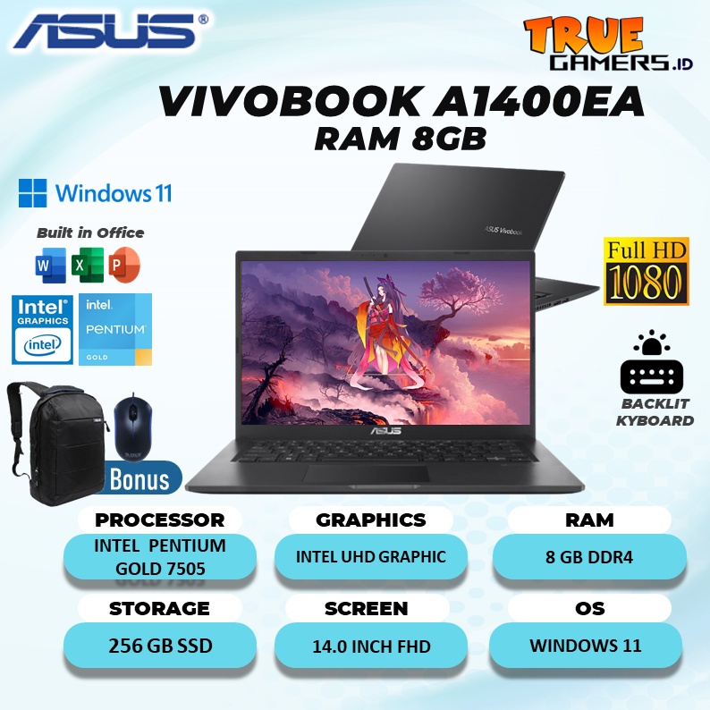 Laptop Asus Vivobook A1400EA FHD7523 PENTIUM GOLD 7505 RAM 8GB 256ssd W11+OHS 14.0FHD