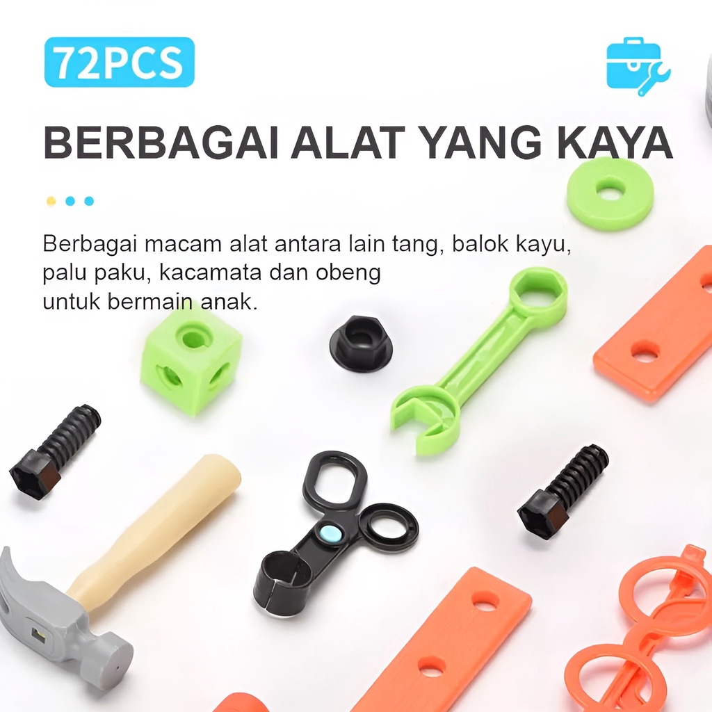 Mainan Alat Tukang Perkakas | Kado Ulang Tahun Anak Cowok 3-4-5-6-7 Tahun | Assembling Tools Koper 72pcs Pertukangan Terbaru