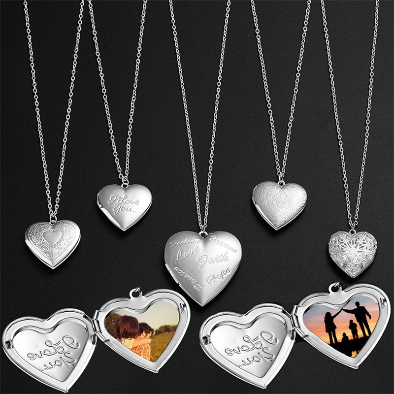 Dibuka Cinta Hati Liontin Liontin Liontin Wanita Kalung Warna Silver Rantai Memori Bingkai Foto Keluarga Kekasih Valentine Perhiasan Hadiah Baru