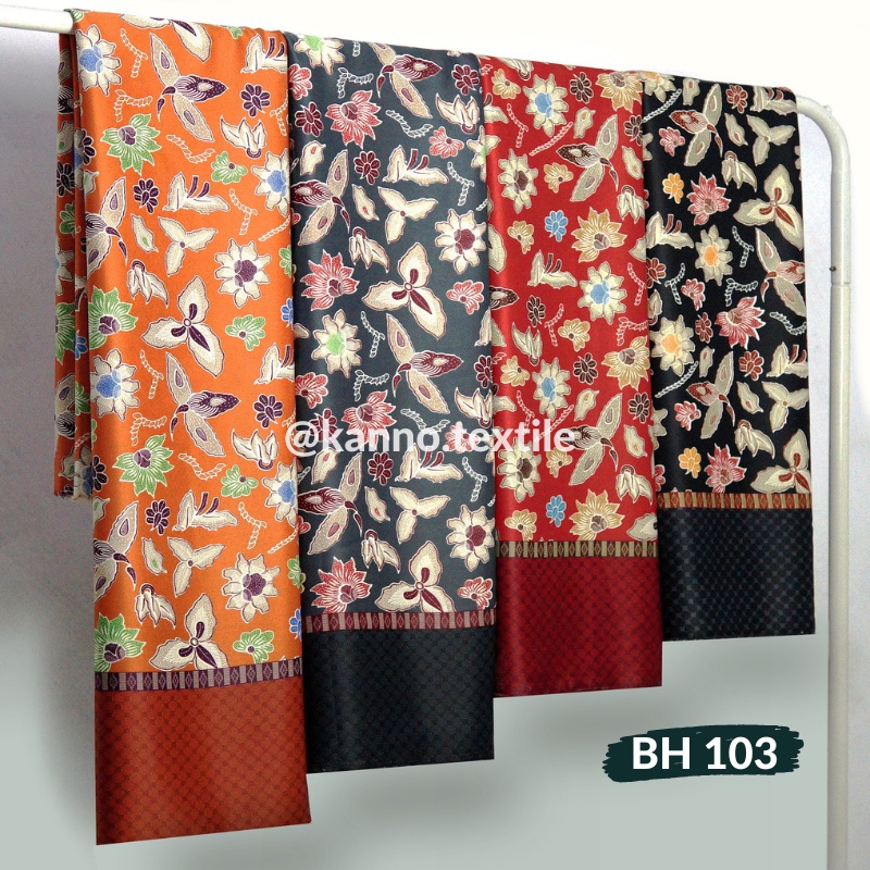 KAIN BATIK METERAN PREMIUM SEMI SUTRA HALUS  BH103 MOTIF BUNGA WARNA ORANYE/ABU/MERAH/HITAM