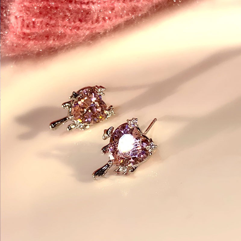 Anting Korea Warna Pink Zirkon Hati Logam Tidak Teratur Untuk Wanita COCOJEWELRY