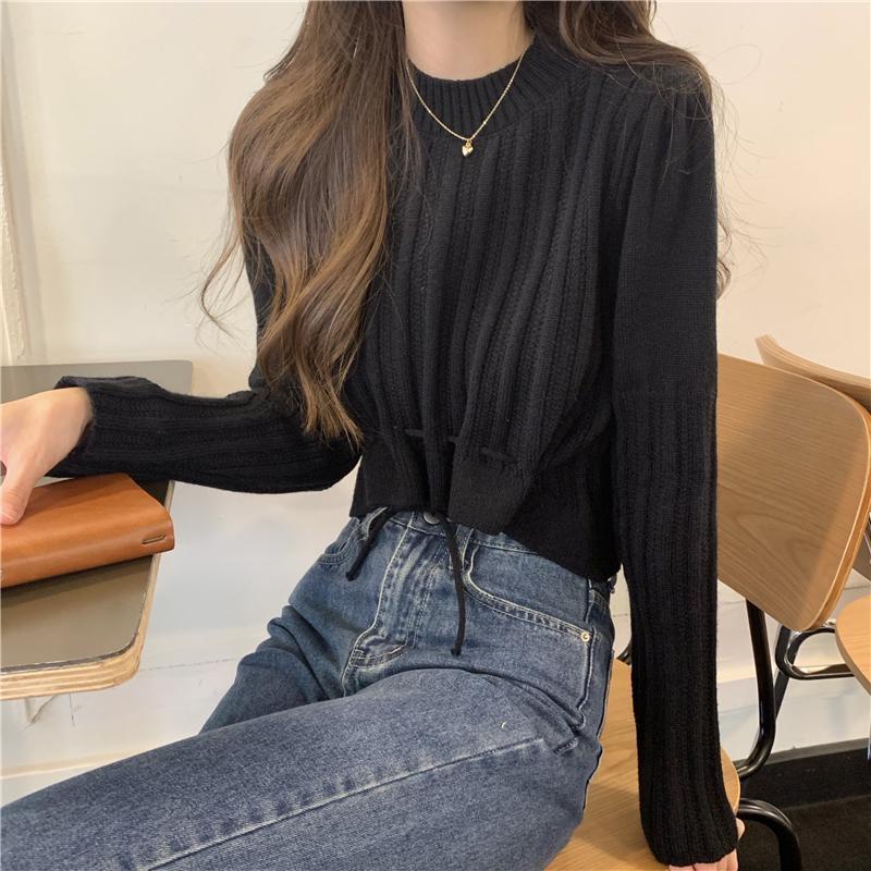 Atasan Wanita Korea Rajut Crop Lengan Panjang Vintage Polos Sweater