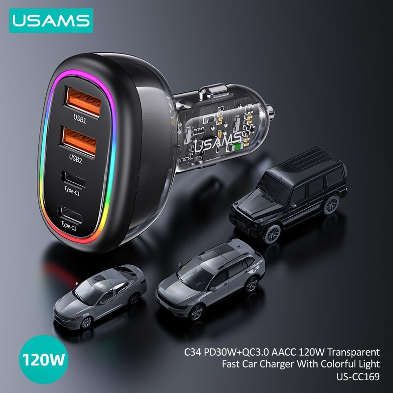 USAMS PD 30W + QC3.0 120W Transparent Fast Car Charger Original