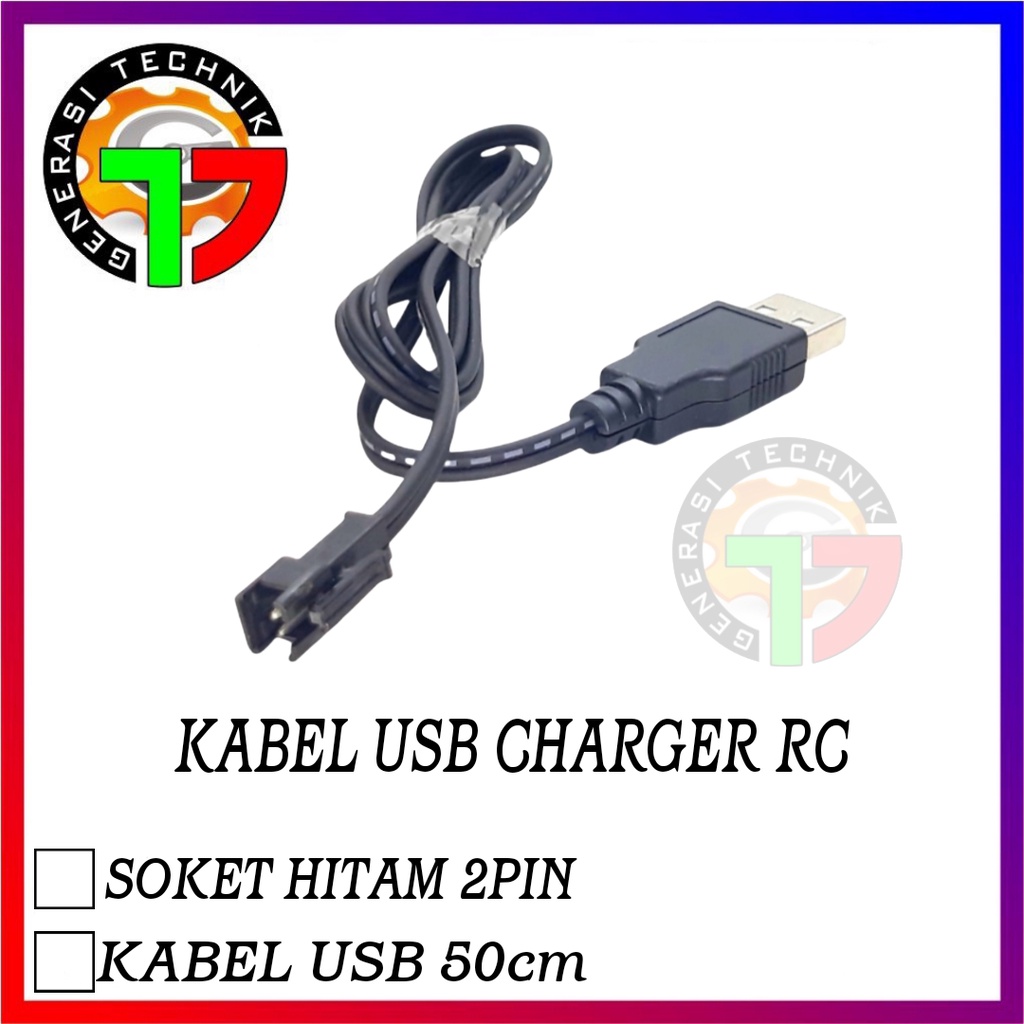 Kabel Cas Mobil RC Model USB Panjang Kabel 50Cm Soket Hitam 2Pin
