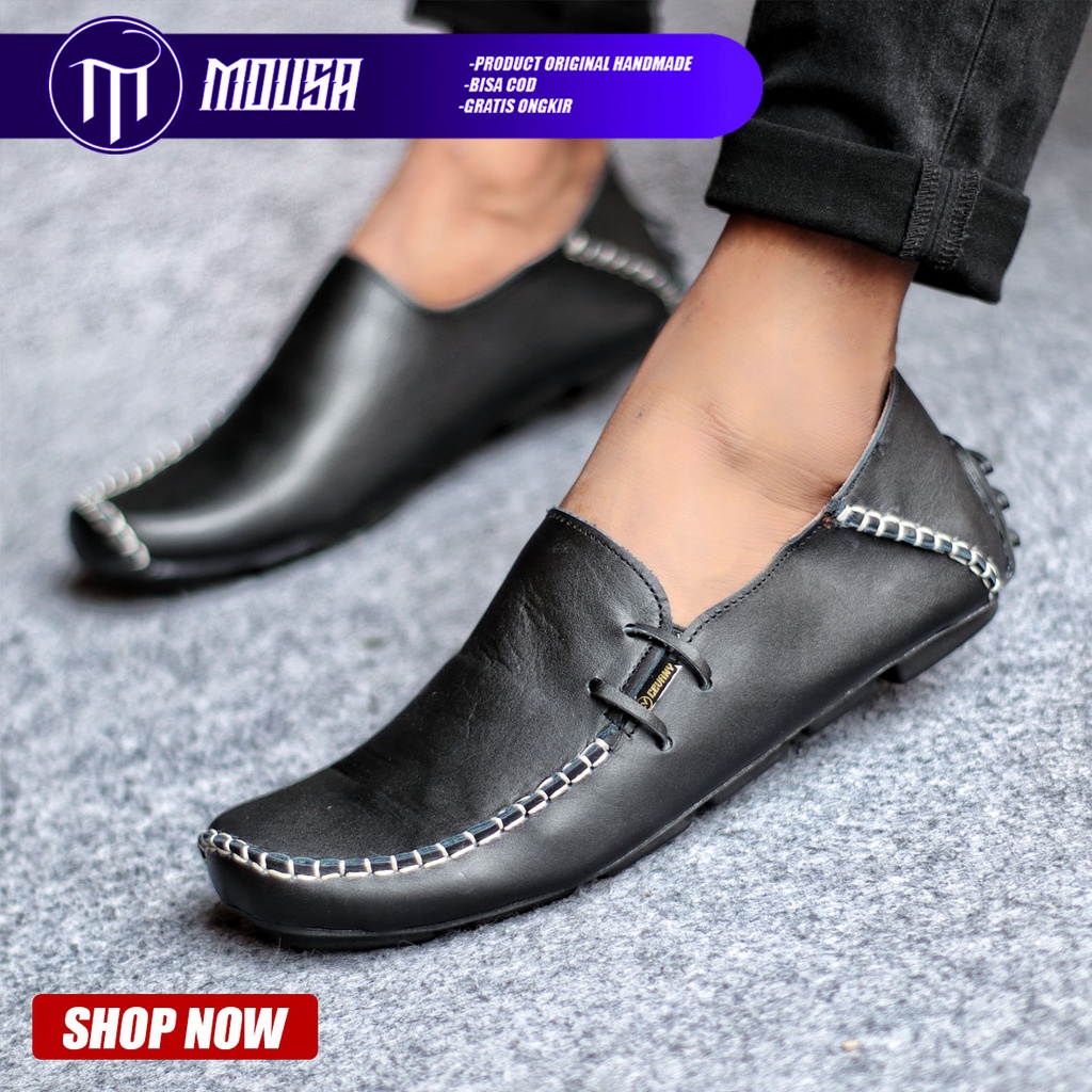 Sepatu Slip On Formal Pantofel Kulit Asli Kerja Pria Hitam Mousa Moclea