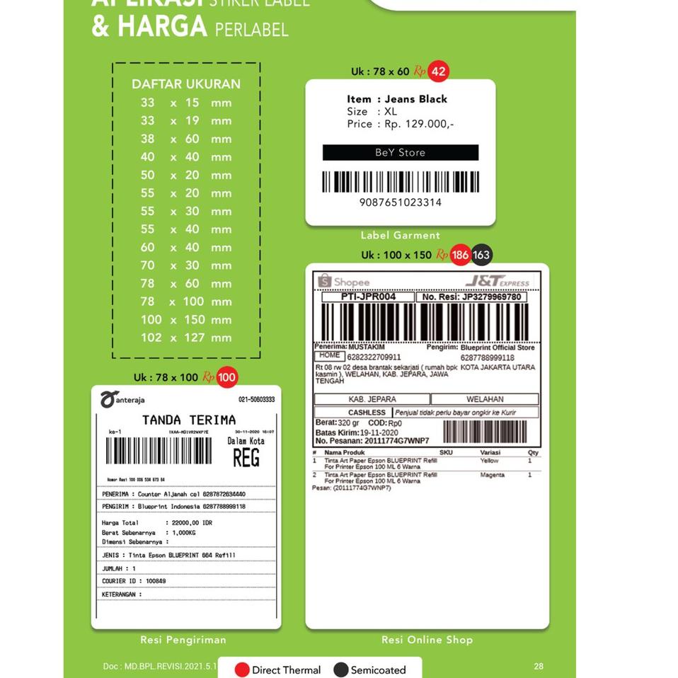 

[PRODUK SWERV] Direct Thermal Sticker , Stiker Label Online Shop BLUEPRINT 78 x 100 , 78x100 mm isi 300Pcs - 1 Roll R0V