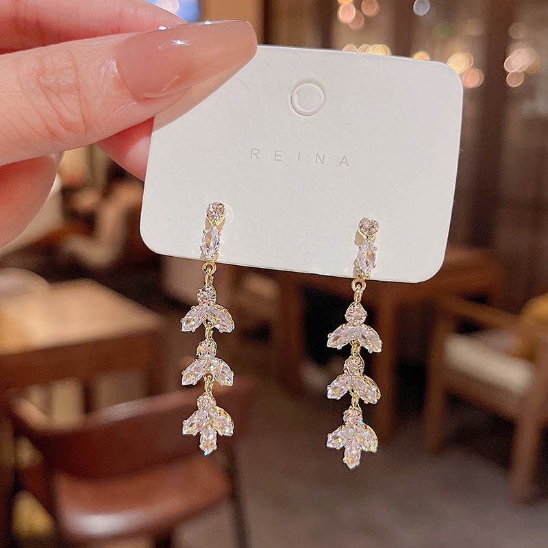 Anting Perak925An Perak Jarum Zirkon Daun Panjang Anting Fashion Wanita Stud Earrings