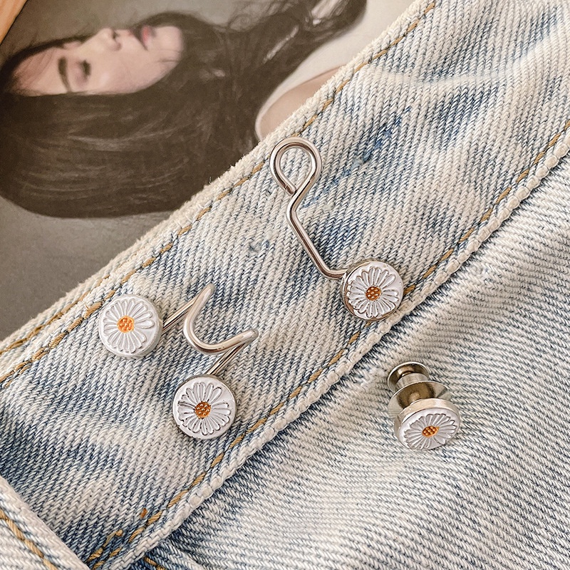【COD】Kancing Pinggang Jeans Bunga Daisy Putih Yang Dapat Dilepas Tanpa Kuku Pinggang Peregangan Kancing Logam yang Dapat Disesuaikan-FA