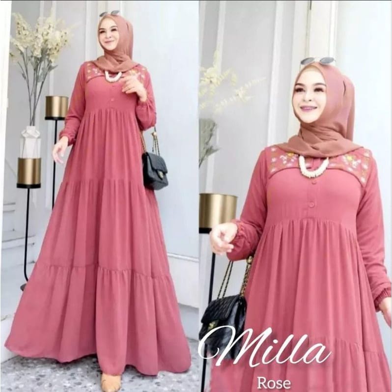 Milla Dress Gamis Malaysia Ceruty Babydoll Aksen Bordir Baju Kondangan Wanita Jumbo Gamis Busui Friendly Gaun Pesta Muslimah