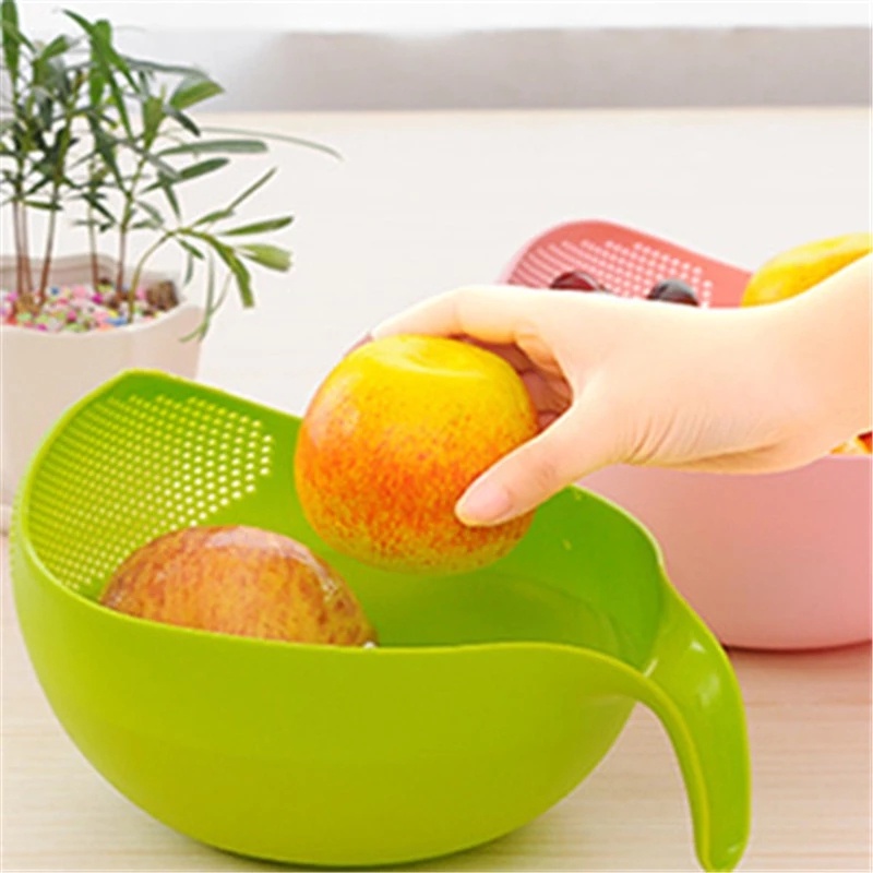 1pc Colander Saringan Beras Bahan Plastik Warna-Warni Dengan Gagang/Keranjang Saringan Cuci Buah Sayuran Gadget Dapur