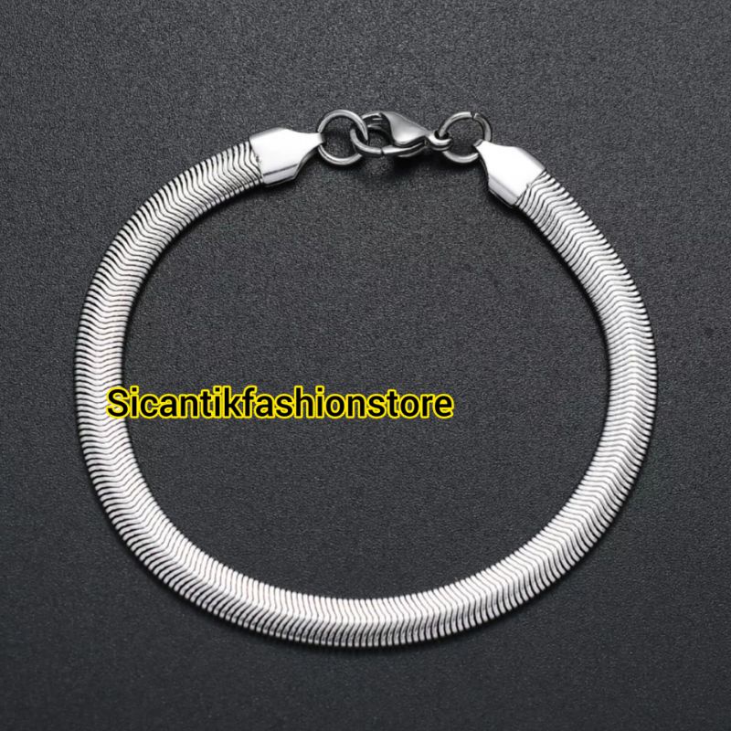 Gelang Model Pipih Silver Terbaru Terlaris Anti Karat selamanya Gelang Titanium Pipih Silver Wanita Pria Kekinian Mewah