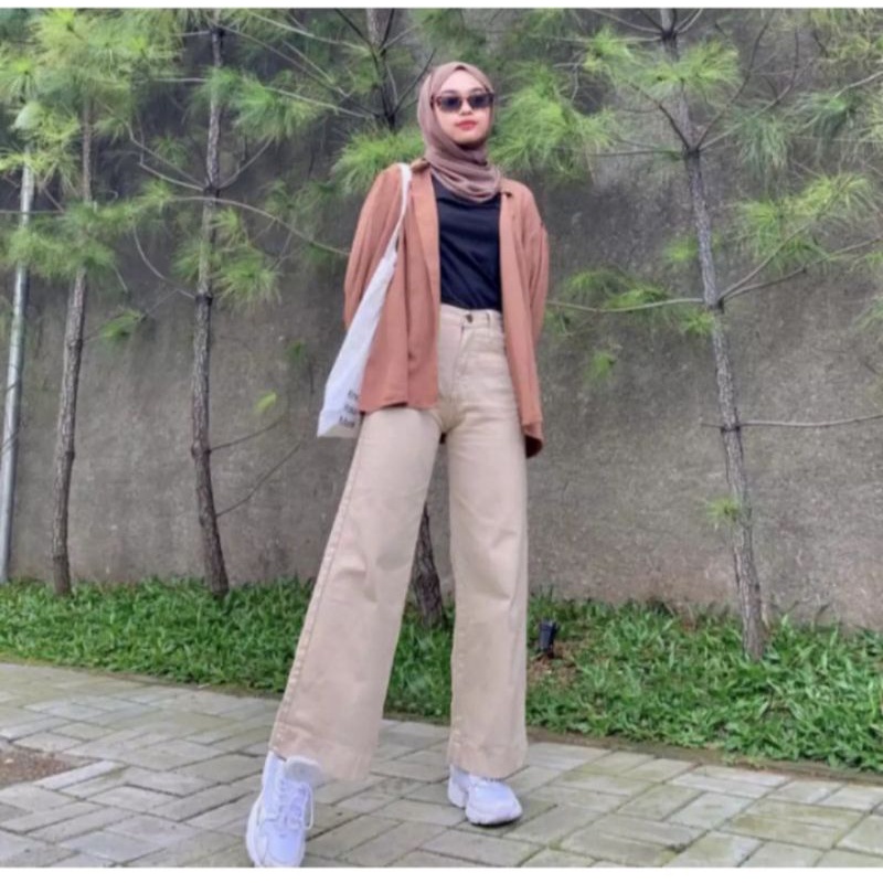 Highwaist Kulot Jeans Khaki / Celana Panjang Jeans Wanita Warna Khaki