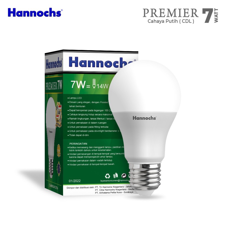 Hannochs Premier Lampu LED 7 Watt Cahaya Putih SNI Original