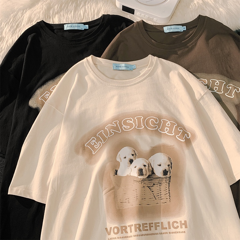 100% Katun Graphic Tee Baju Wanita Dog and Letter Atasan Wanita Oversize Kaos Putih T-shirt Couple Korean Style/Baju coklat