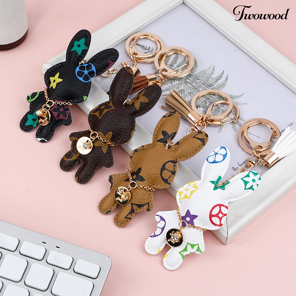 Twowood Rabbit Keychain Desain Hewan Tekstur Lembut Isi Penuh Anti Gores Ada Deformasi Hadiah Memberikan Kulit Imitasi Boneka Boneka Kelinci Keychain Tas Aksesori