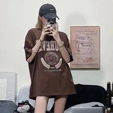 Letter Kaos Lengan Pendek Cream Atasan Wanita Oversize Printed T-shirt Kekinian Korean Style