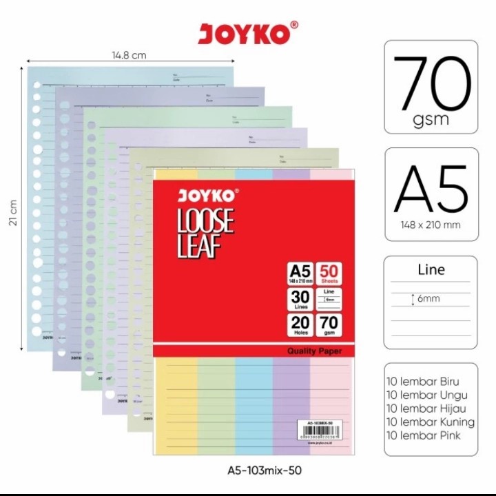 

Loose Leaf Color Isi Kertas File Binder Warna Joyko A5 (Mix).