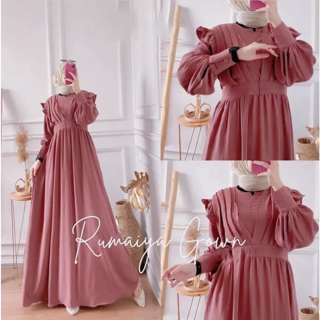 (COD) Rumaiya Dress Gamis Wanita Terbaru Bahan Crinkle Airflow Premium Aksen Bordir Kekinian Viral ootd 2022 / Dress Busui