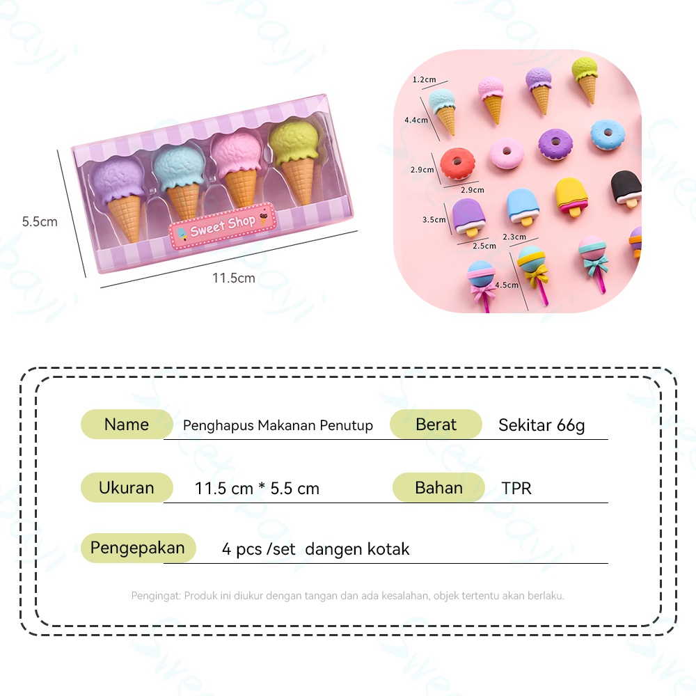 Sweetybayi 4pc Penghapus pensil hapusan eraser penghapus set lucu box mika