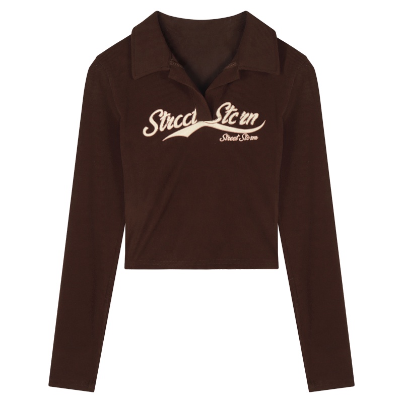 ◘๑♙Suhao American Retro Ketat Lengan Panjang T-shirt Wanita Musim Gugur Pinggang Tinggi Pusar Dalam Membangun Pelangsing Pendek Top bottoming Kemeja