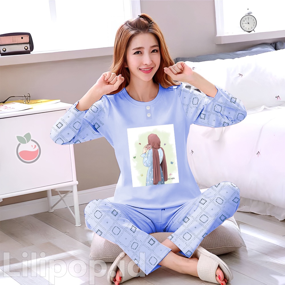 Lilipop.id  Baju Tidur Wanita hijab Celana Panjang PP Allsize Lengan Panjang Baby Doll Bahan Kaos Dewasa