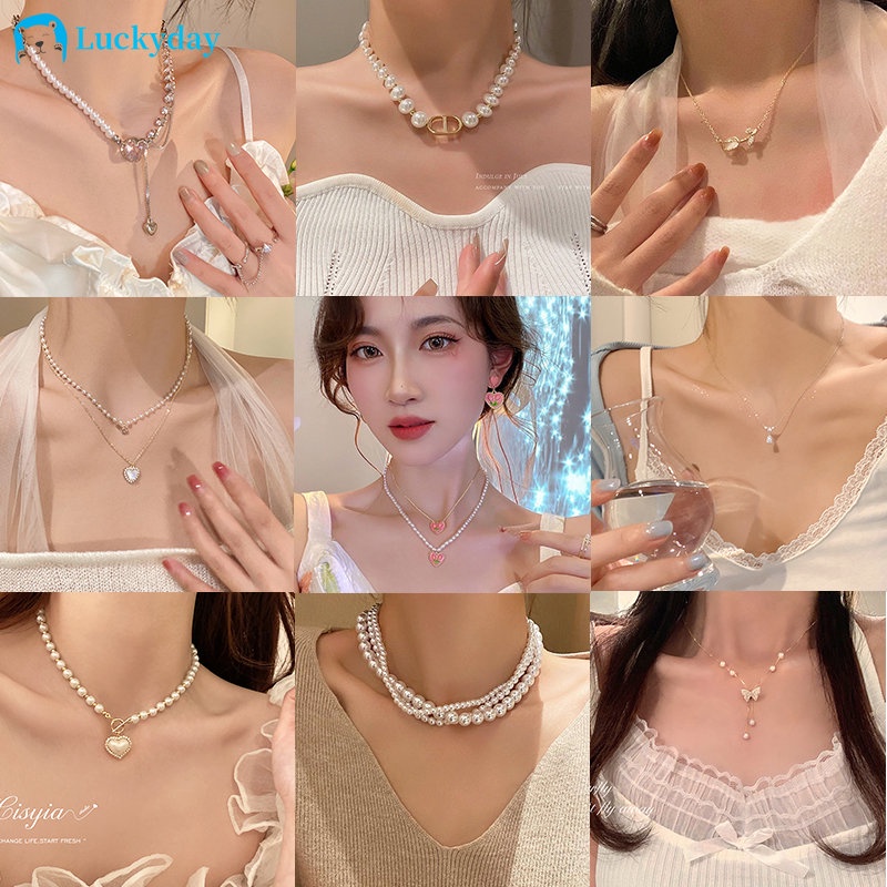 YEEZII Fashion Mutiara Tulip Kalung Untuk Wanita Cinta Hati Ekor Ikan Liontin Kalung Perhiasan Y2K Aksesoris