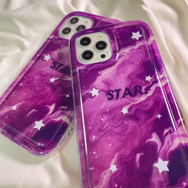 Casing Langit Berbintang Mewah Fantasi Ungu Starry Kompatibel Untuk IPhone 11 7plus 14 13 12 Pro Max7 8 6 6S Plus XR X XS MAX Bintang Gradasi Shockproof Casing Ponsel Airbag TPU Lembut