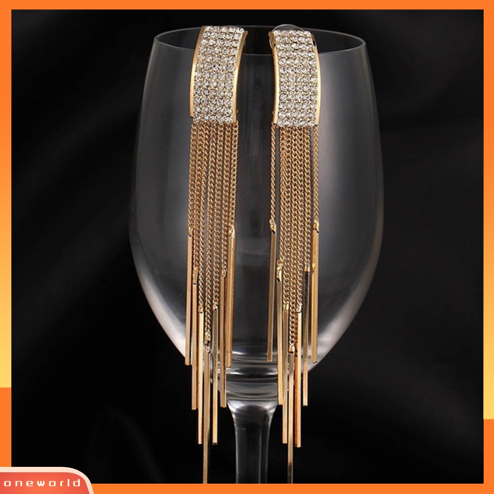 [WONE] Wanita Fashion Berlian Imitasi Rumbai Panjang Menjuntai Eardrop Stud Earrings Perhiasan Hadiah