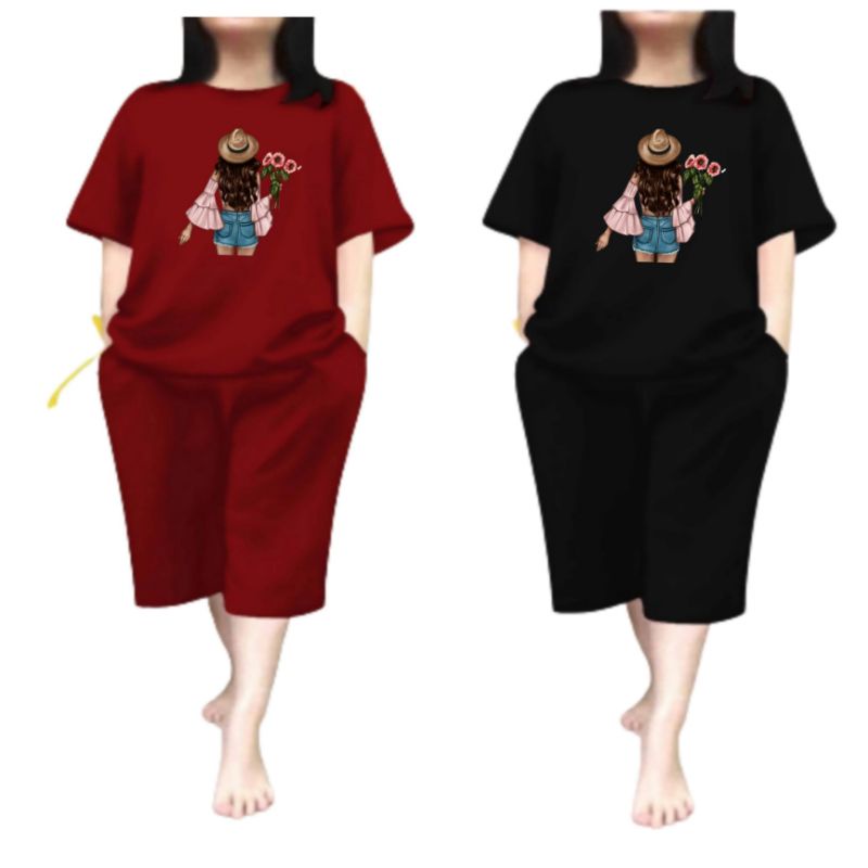 Baju Setelan Wanita Dewasa Jumbo Ld 115 Cm One Set Baju Kaos Wanita dan Celana Pendek Oversize 3/4 Baju Setelan Cewek Dewasa Terbaru 2023 Kekinian Stelan Wanita Dewasa Viral Set Set cewek pegang bunga