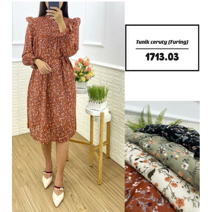 Tunik Ceruty Motif Bunga Jumbo Full Furing Import