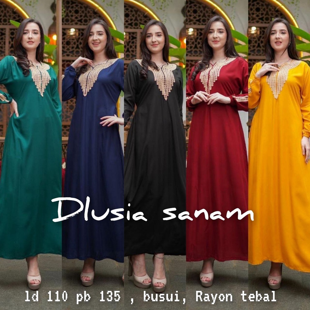 Dlusia Sanam Dress Wanita Renda Arab Rayon Premium Gamis Terbaru Baju Muslim Lace LD 110 cm