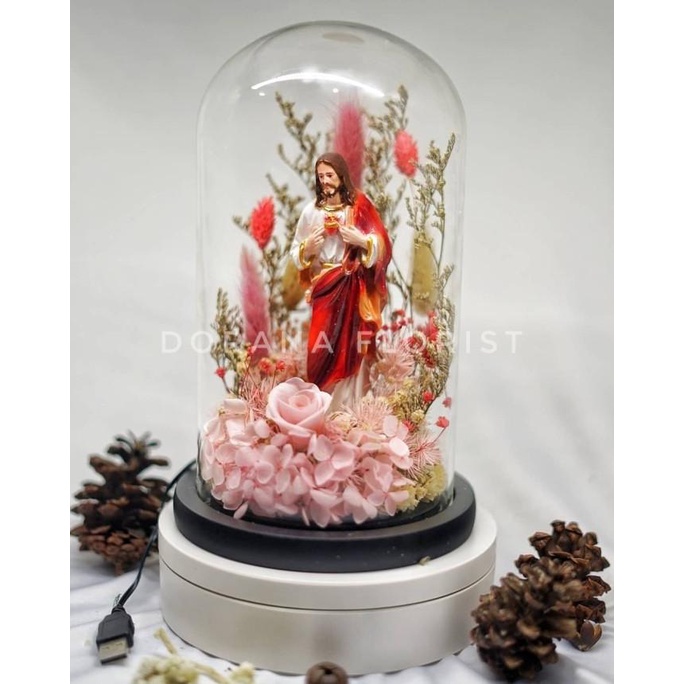 Flower Glass Dome Spesial Natal Built in LED 12 x 22 - Patung Yesus