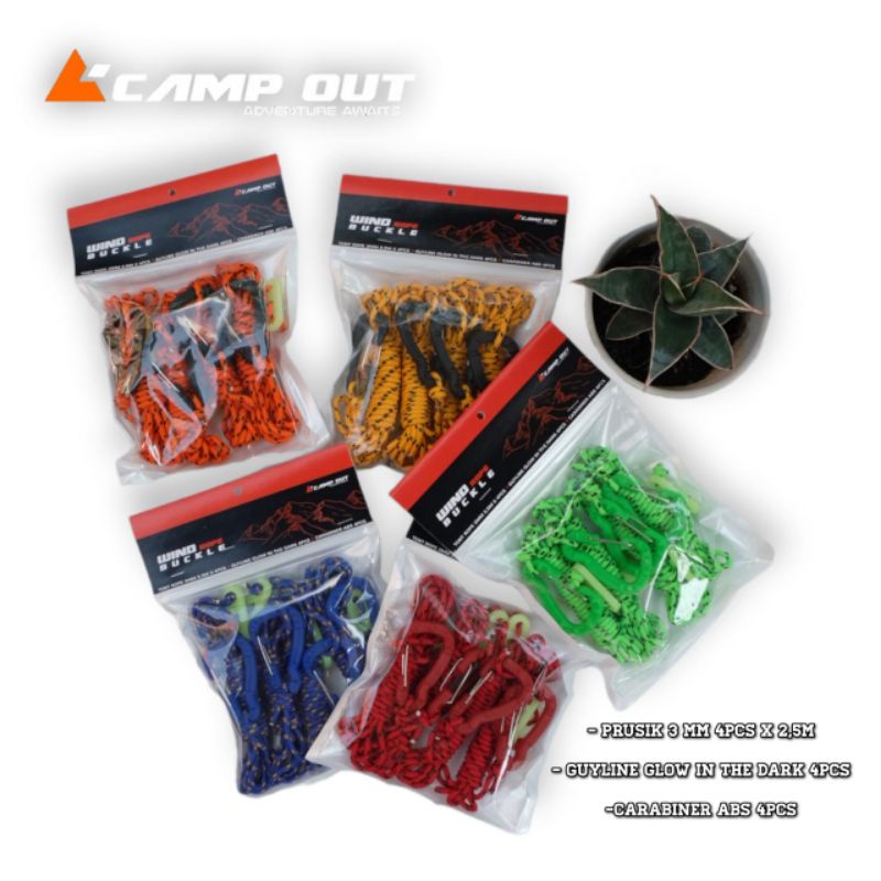 PAKET TALI PERUSIK TENDA FLYSHEET 4 SET CAMP OUT - CARABINER ABS -  GUYLINE GLOW IN THE DARK - PRUSIK 3MM CAMPING