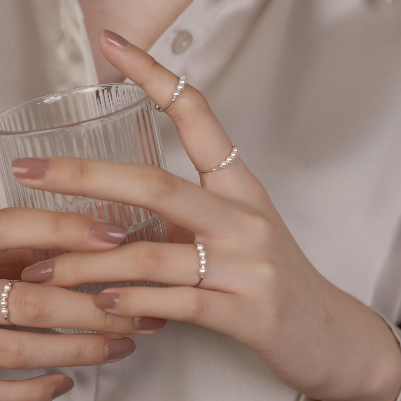 Papaozhu Manik-Manik Mutiara Perak Halus Susun Buku Jari Cincin Untuk Wanita Gadis Korea Tipis Pesona Rings Adjustable Finger Jewelry