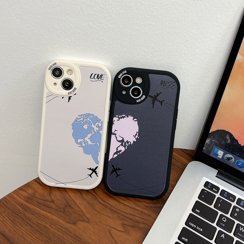 [Baolongwish] Couple Splicing Love Airplan SoftCase Apple IPhone 6S 7 8 Plus XR XS Max 11 12 13 14 Pro Max 14 PLUS Black Silicone Case