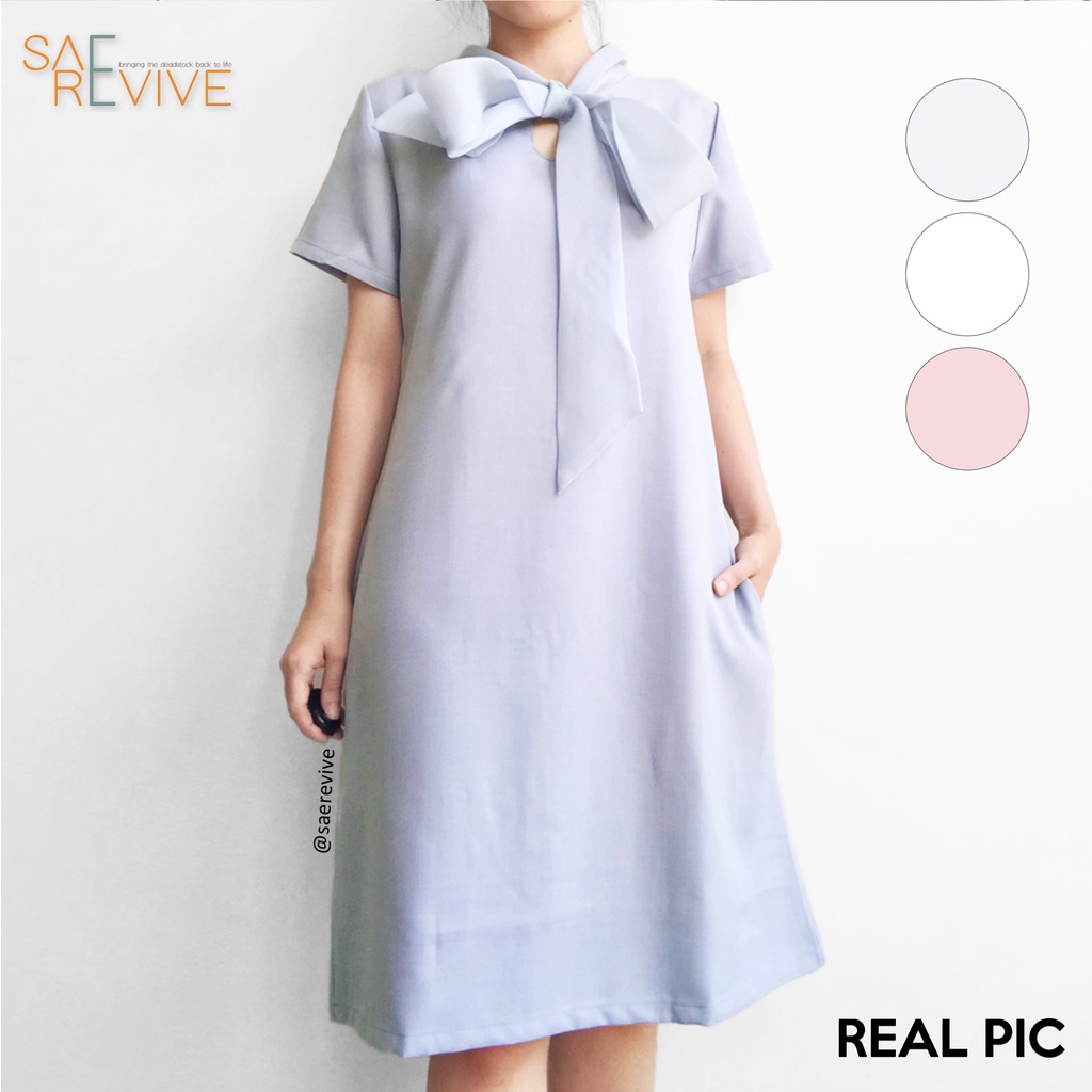 SAE REVIVE - Baru Dgn Tag (S) Audrey Korean Midi Dress Lurus Terusan Kerja Lengan Pendek Kerah Pita 