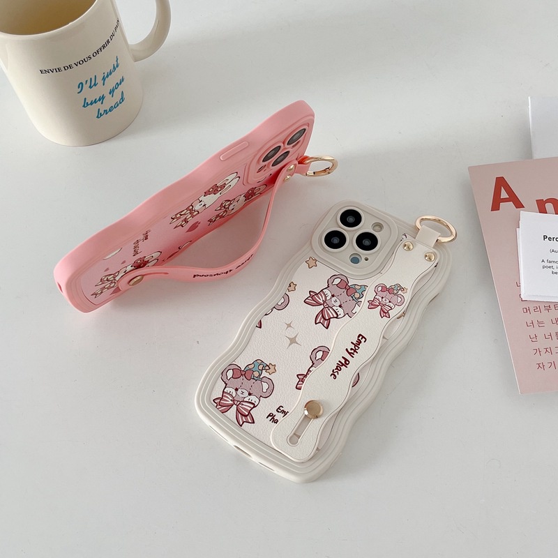 Wave Wrist strap Leather SoftCase OPPO A15S A35 A36 A76 A96 A7 A5S A12 A11K F9 F11 A53 A33 A9 A57 A5 A3S A31 A83 Reno 5 6 7Z 8 5G VIVO Y11 Y12i Y12S Y20S Y20i Y50 Y30i Y19 S1 V23 Pro Y21S Y21A Y21E Y21T Y33S Y33T Y93 Y91C Y15A Y15S Y19 Cute Bear Bunny