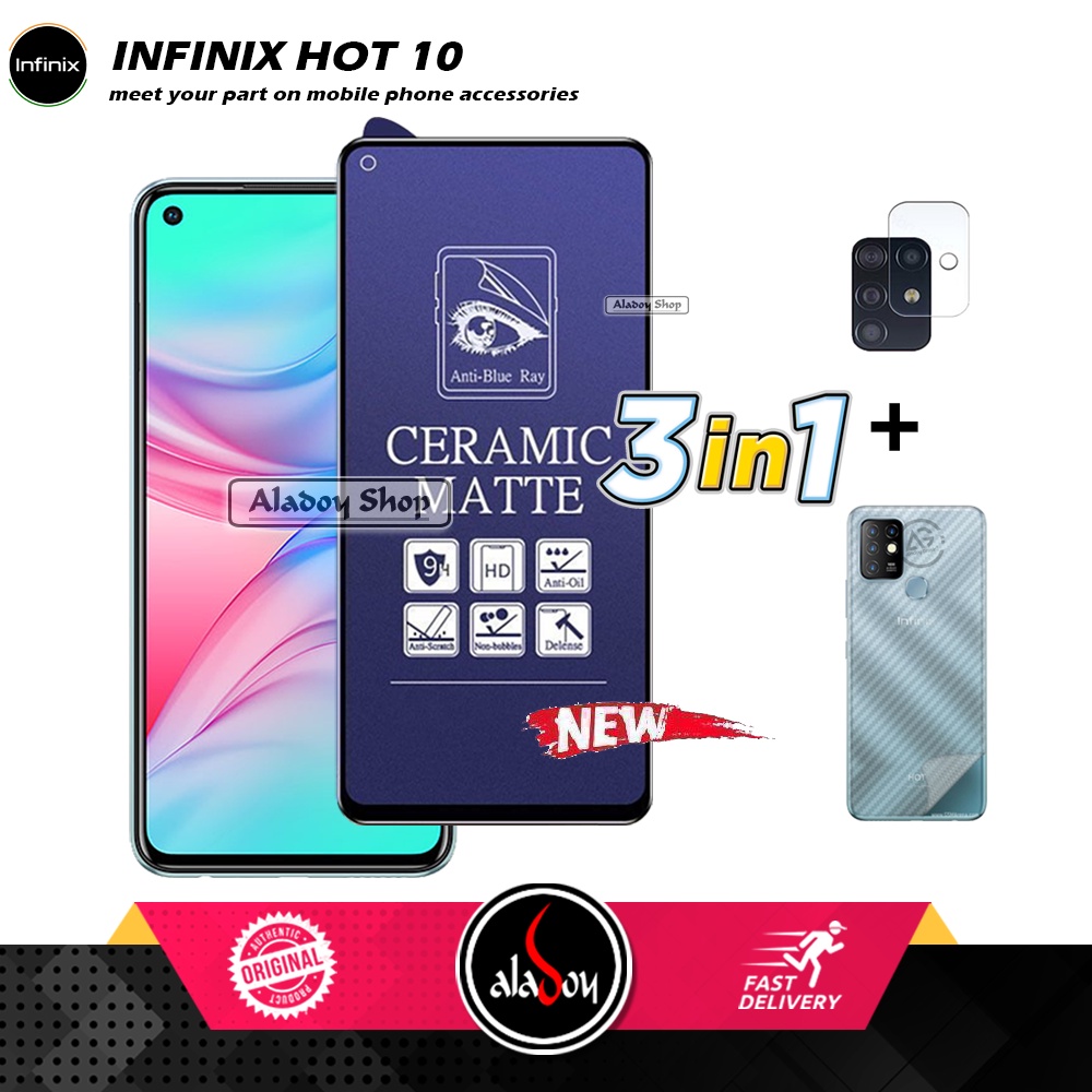 PAKET 3IN1 Anti Gores Blue Matte Anti Glare Infinix Hot 10 + Tempered Glass Camera dan Skin Carbon