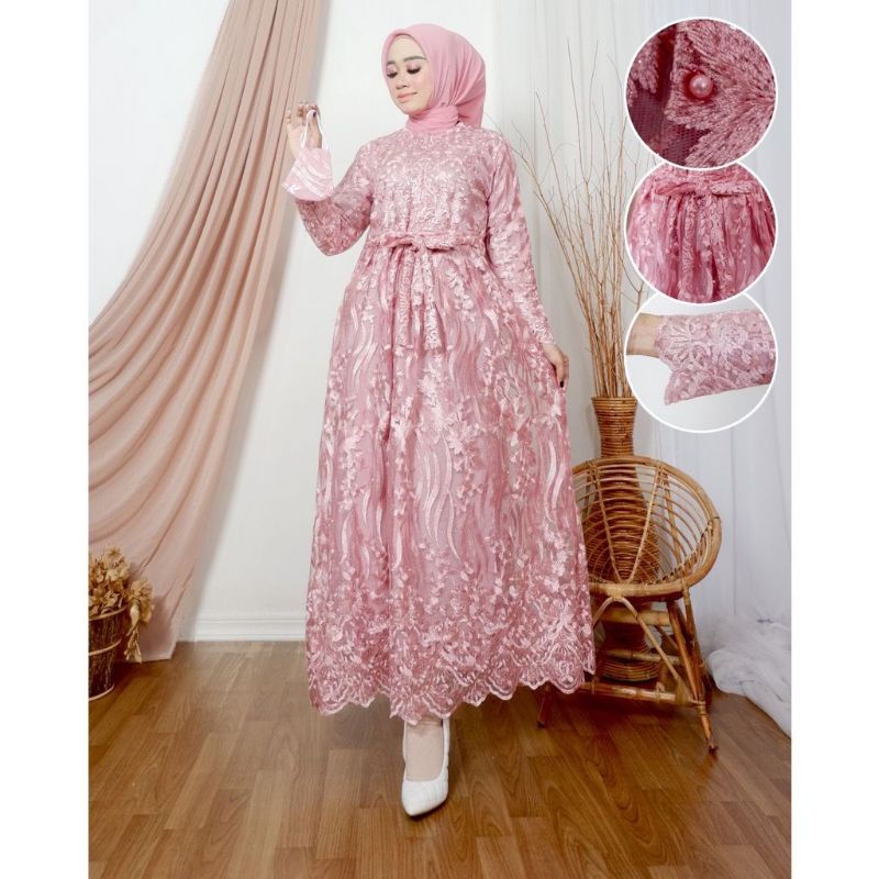 GAMIS BUSUI FULL BRUKAT AMEENA / KOMBINASI BRUKAT TILE / FREE MASKER